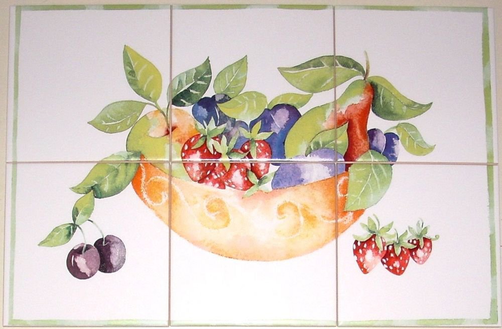 Fruit Dish Ceramic Tile Mural 6pcs of 6" Kiln Fired Pear Strawberry Back Splash