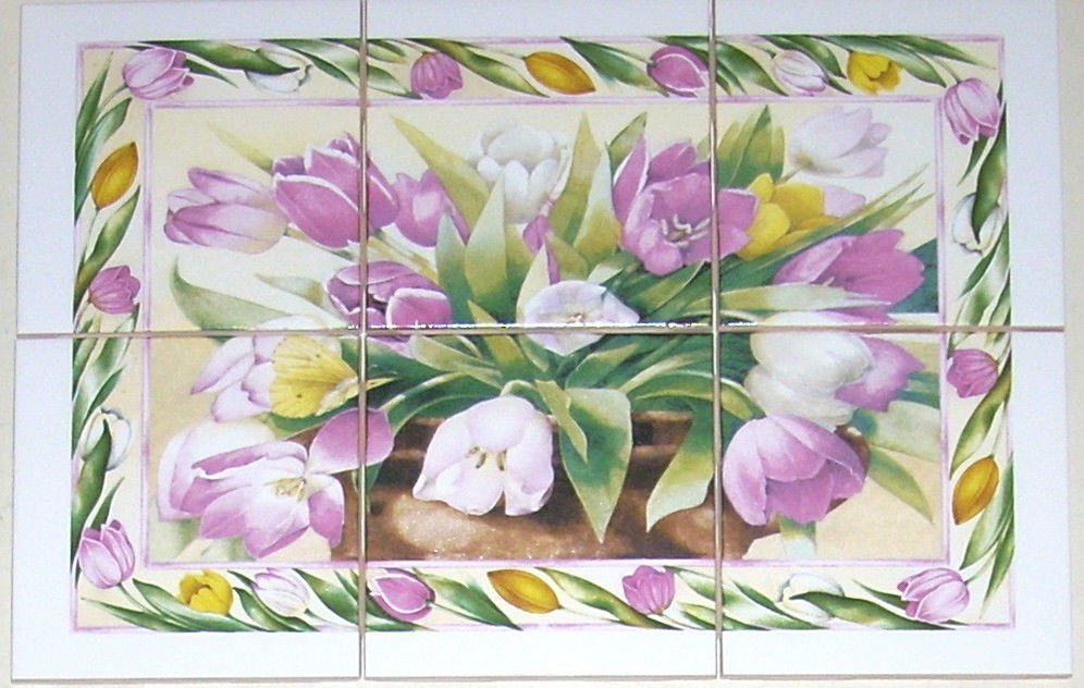 Tulip Flower Ceramic Tile Mural Pink 6pc 4.25" Back Splash Kiln Fired