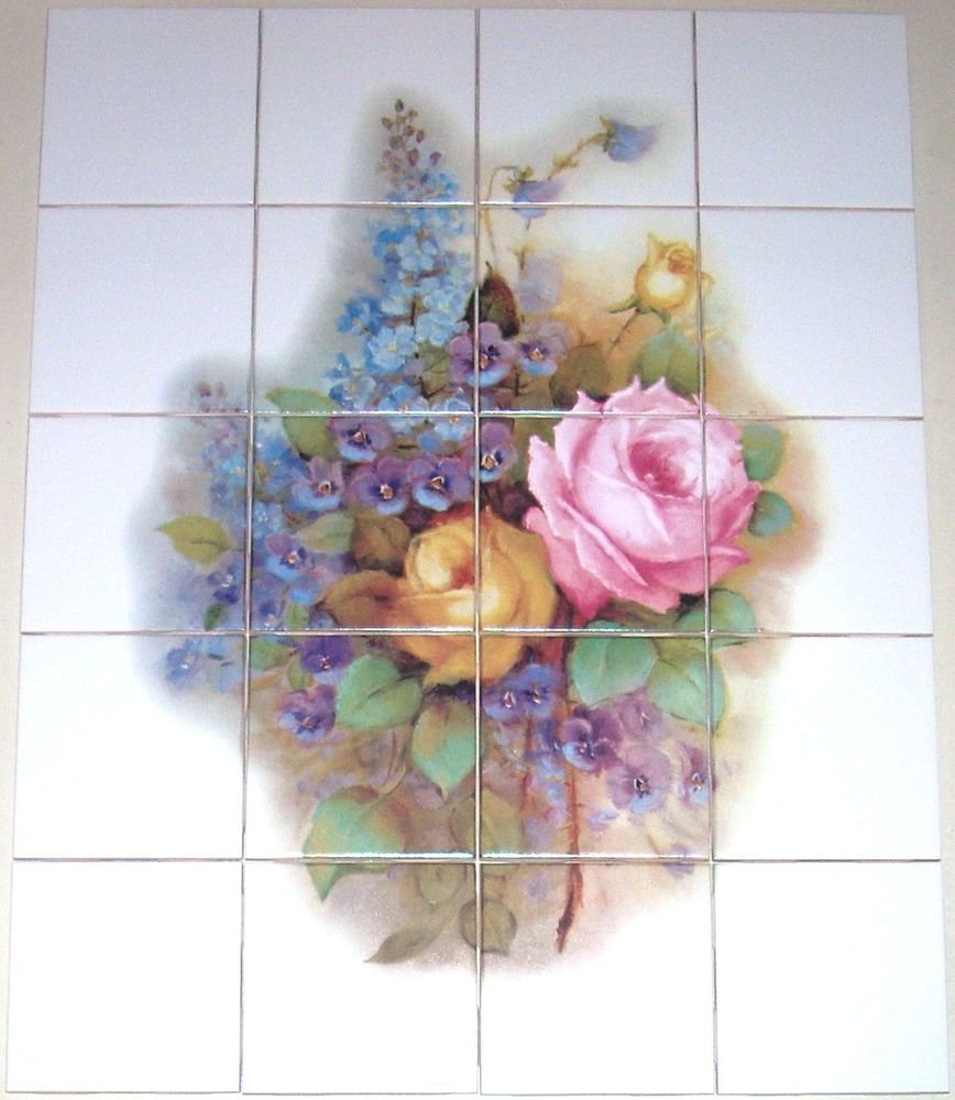 Rose Ceramic Tile Mural Violets Yellow Pink 20 pcs 4.25" Back splash Decor