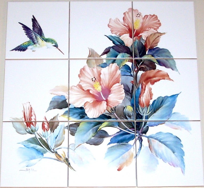 Hummingbird Ceramic Tile Mural Peach Hibiscus Flowers 9pcs 4.25" Kiln Fired