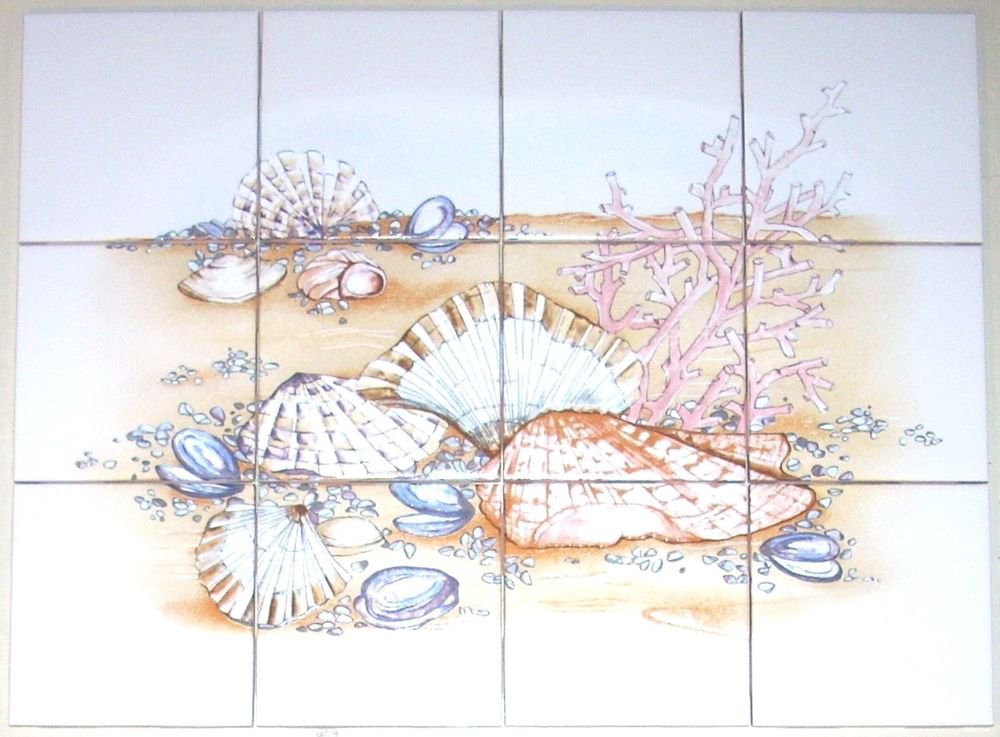 Sea Shell Clams Ceramic Tile Mural 12pcs 4.25" Coral Back Splash Kiln Fired