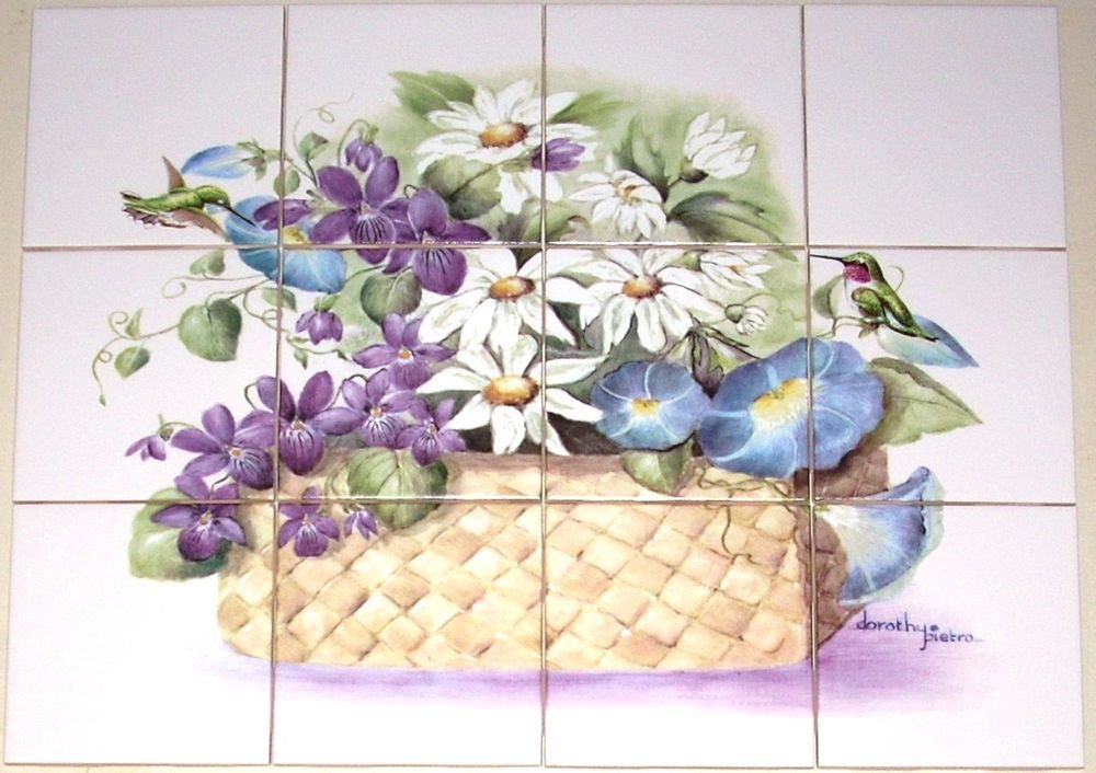 closeout Hummingbird Ceramic Tile Mural Daisy Morning Glory Violets 12pc 4.25" Kiln Fired