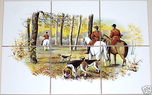 Equestrian Ceramic Tile Mural 6pc 4.25" Tiles Horse Fox Hunt and Hound Scene