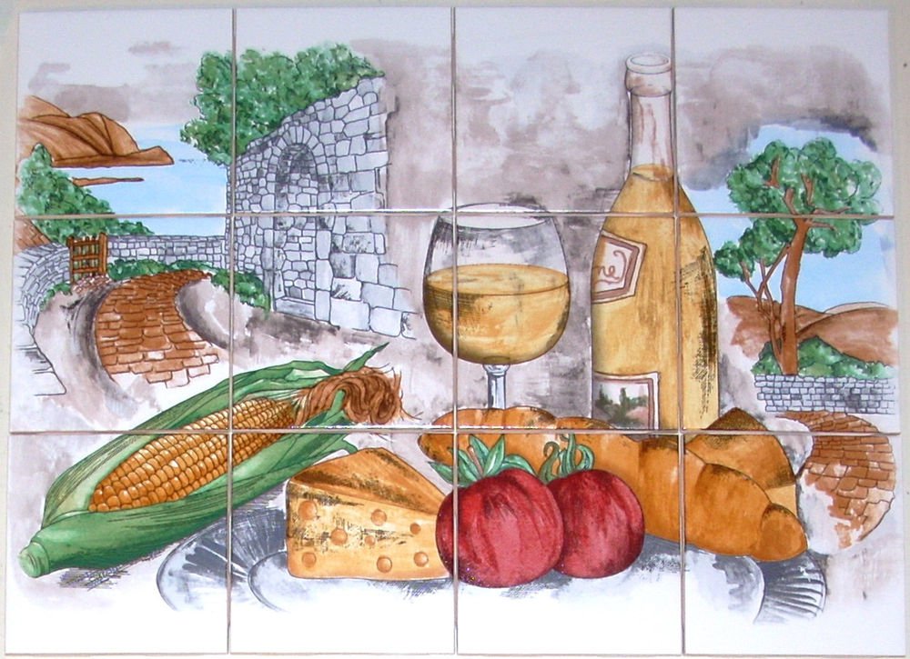 CLOSEOUT Wine Ceramic Tile Mural Backsplash White Wine Corn Tomato Country 12 pc of 4.25