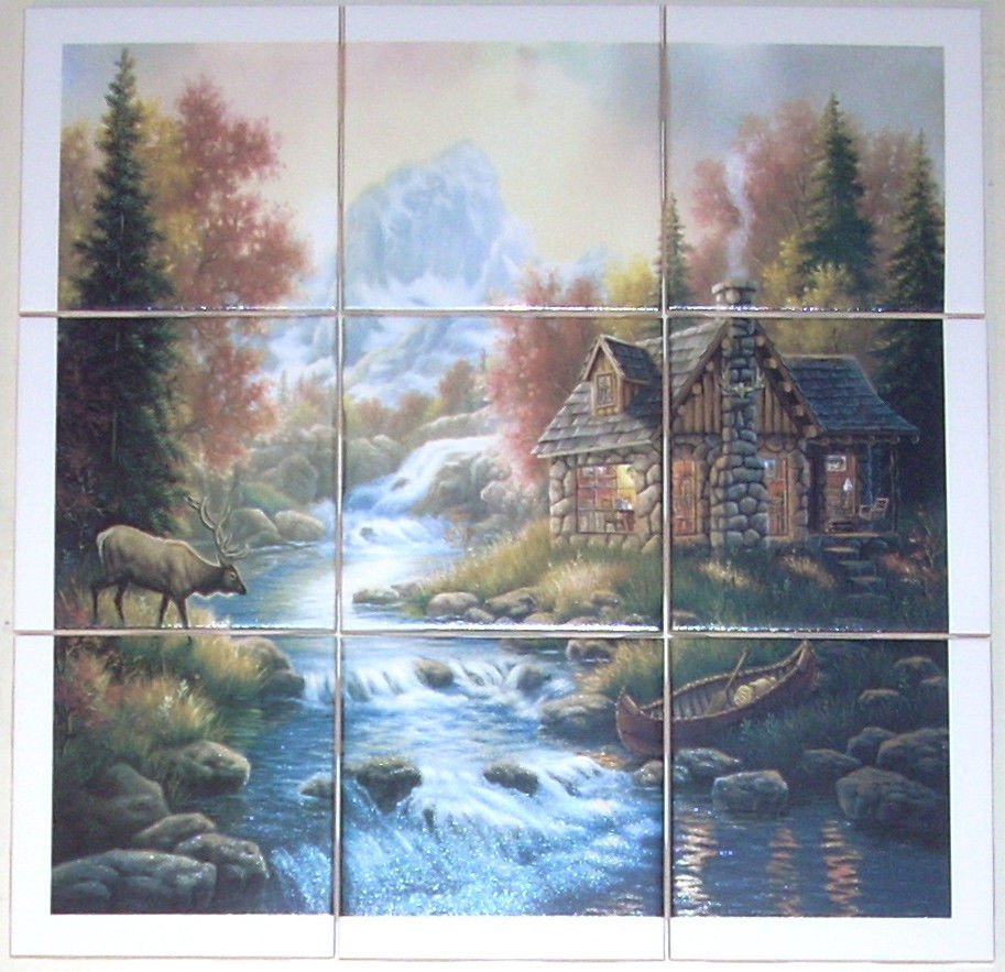 Elk Cabin Ceramic Tile Mural Back Splash 9pcs 4.25" Woods Stream Kiln Fired