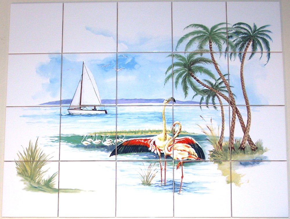 Flamingo Ceramic Tile Mural Kiln Fired Palms Ocean 20 pcs 4.25" Tropical Decor