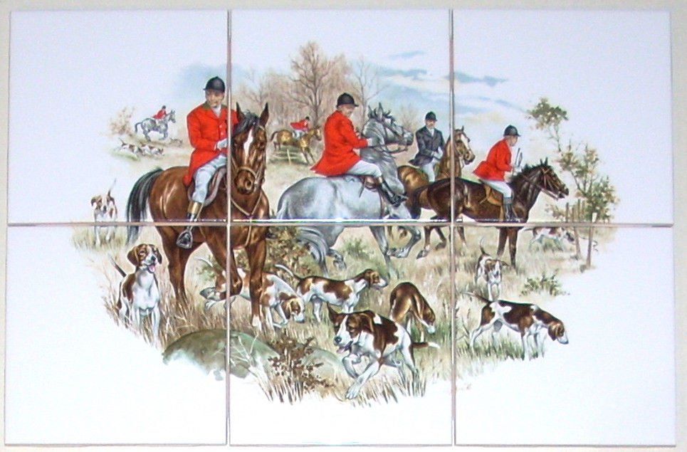 English Fox Hunt Ceramic Tile Mural Red Coat Horse Hound Dogs Kiln Fired