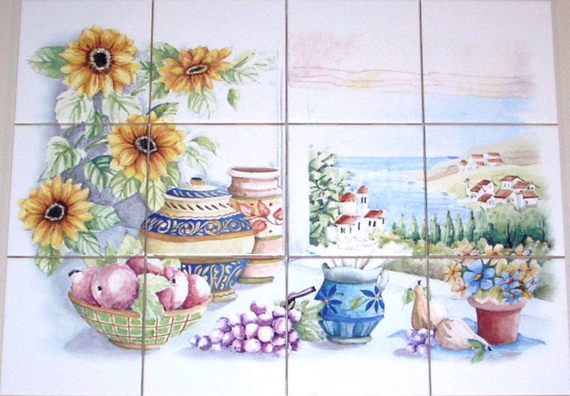 Sunflower Ceramic Tile Mural Ocean View 12pc 4.25" Backsplash Kiln Fired