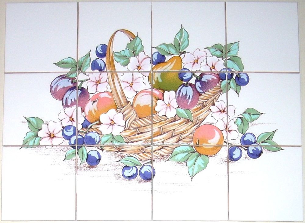 Fruit & Flower Basket Ceramic Tile Mural Back Splash 12pc 4.25" Kiln Fired Decor