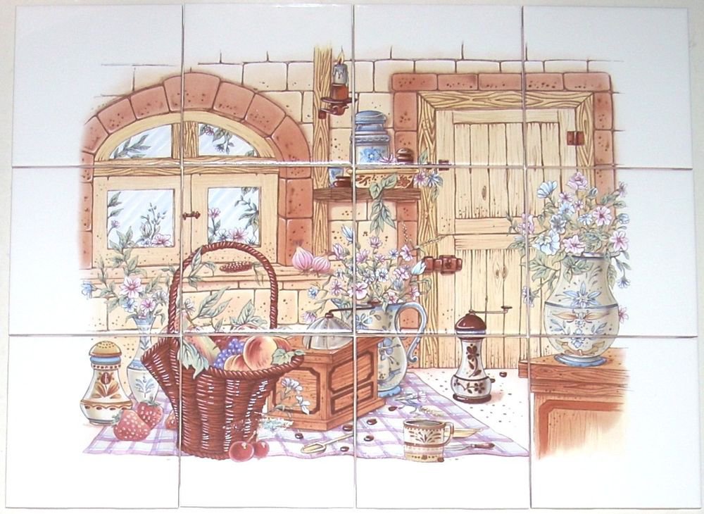 Old Kitchen Ceramic Tile Biscuit color Kiln Fired 4.25" 12 piece Mural Decor