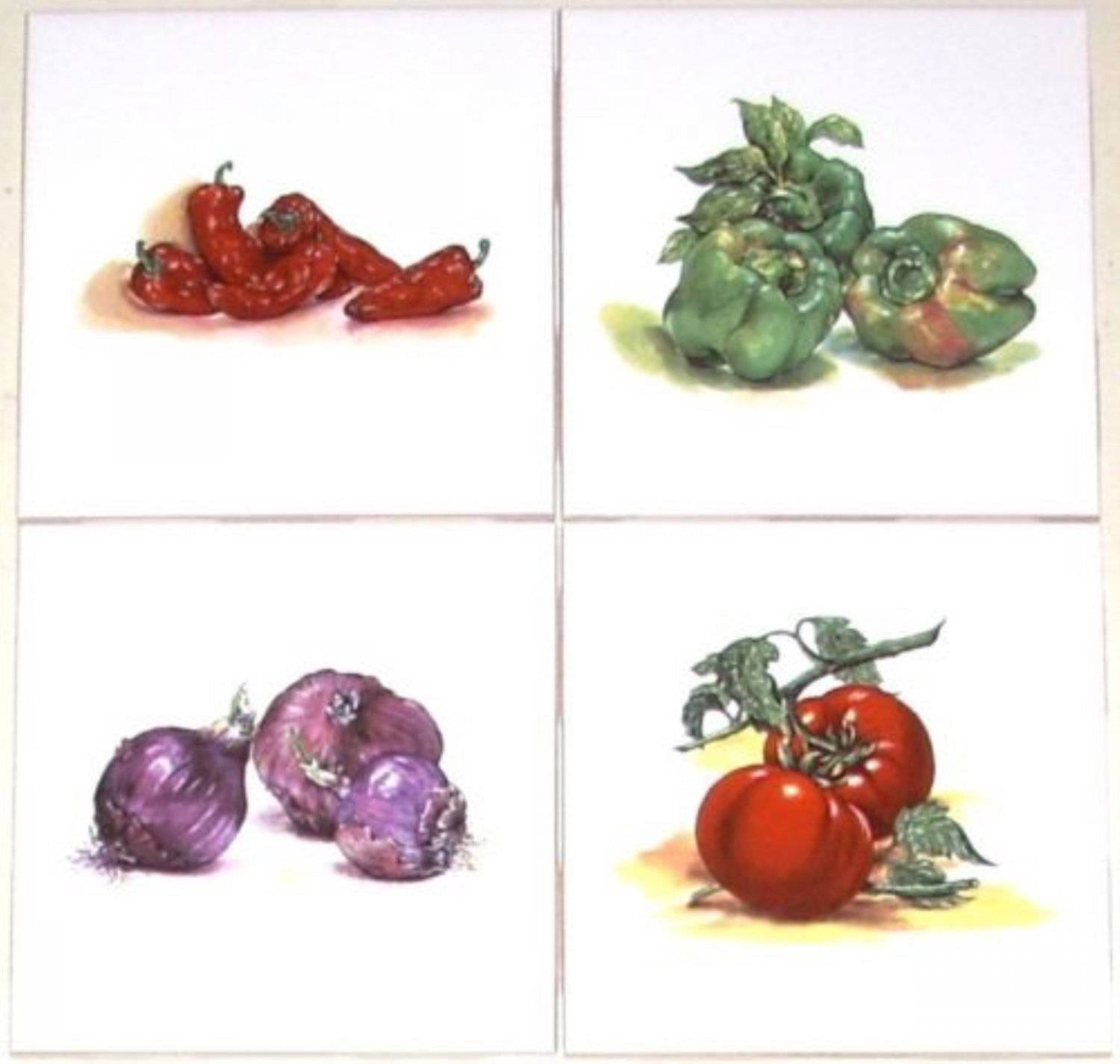 Vegetable Ceramic Tile Tomato Onion Peppers Kiln fired set of 4 / 4.25"