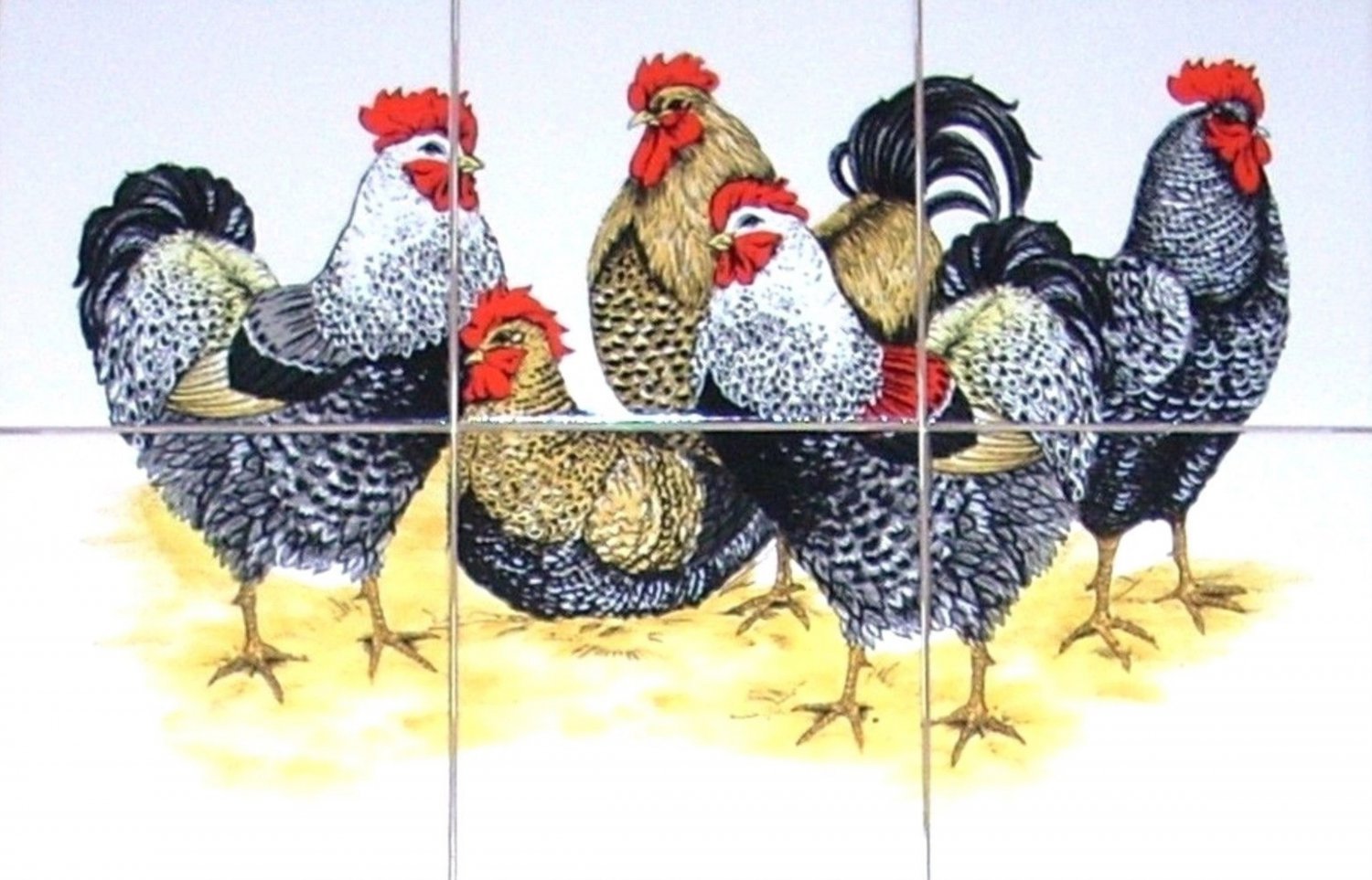 Chicken Rooster Ceramic Tile Mural 6pcs 4.25" Kiln Fired Decor Black Speckled