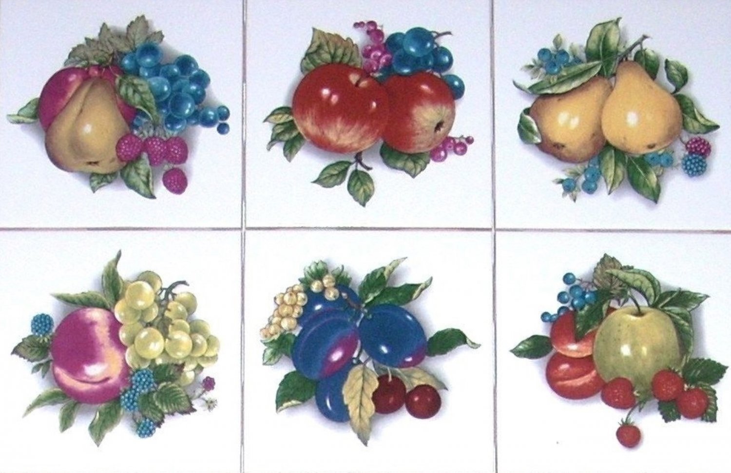 Fruit Ceramic Tiles set of 6 of 4.25" Beautiful Cluster of Assorted Kiln Fired