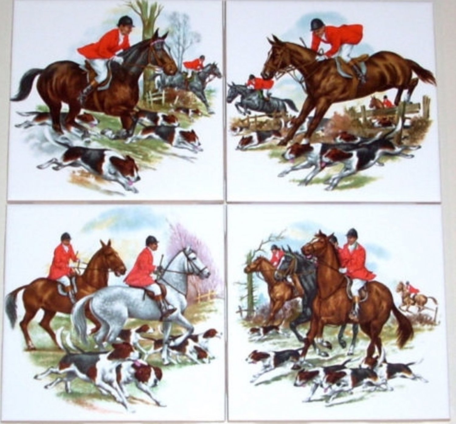 Fox Hunt Ceramic Tiles Horse Equestrian Rider 4 of 4.25" Kiln Fired Decor