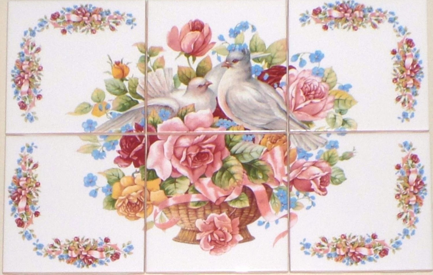 Dove Bird Ceramic Tile Mural 6pcs 4.25" Pink Rose Blue Ribbon White Kiln Fired**