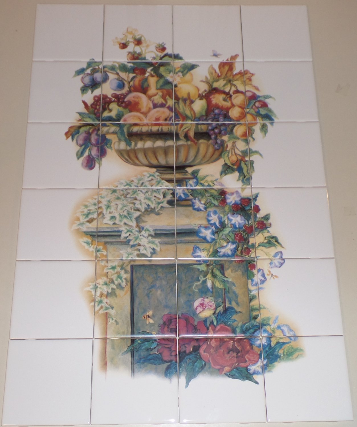 Large Urn of Fruit Ceramic Tile Mural Backsplash Decor 24pc 4.25" Kiln Fired