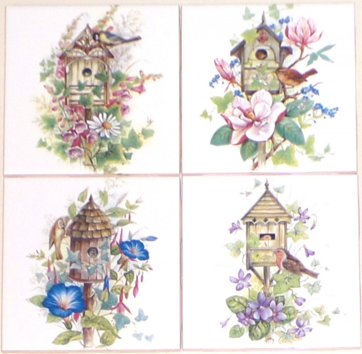 Bird House Ceramic Tile Magnolia Flower set of 4 Assort 4.25" Kiln Fired Decor