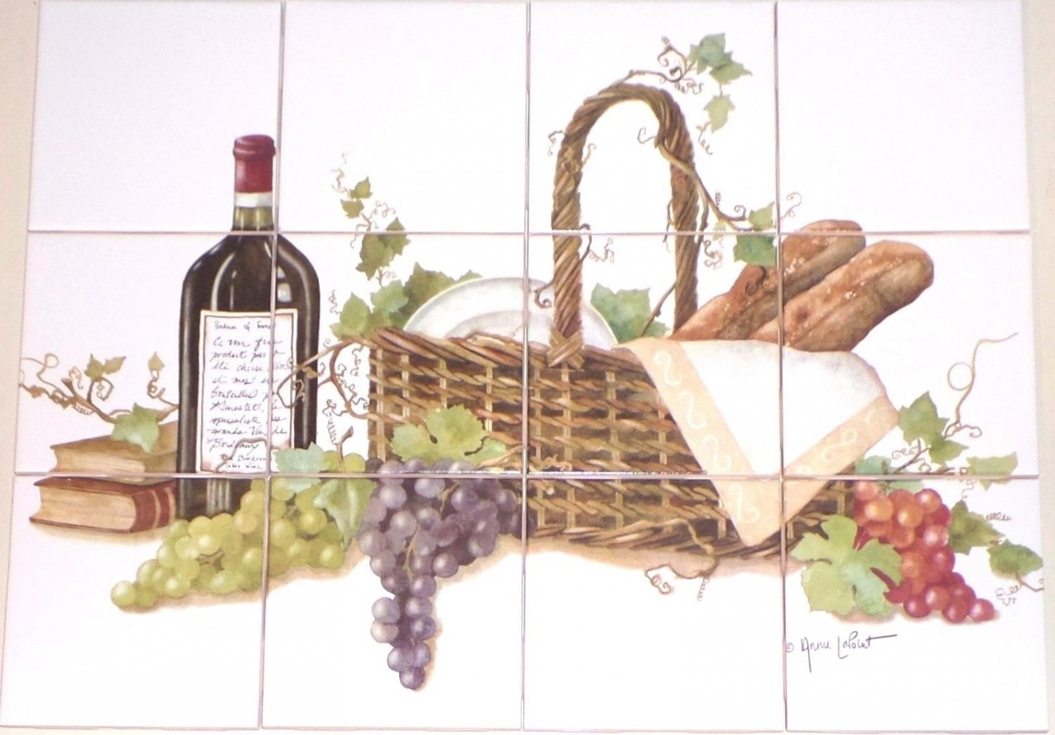Wine Ceramic Tile Mural Backsplash Kiln Fired Decor 12pcs 4.25" Grapes Bread