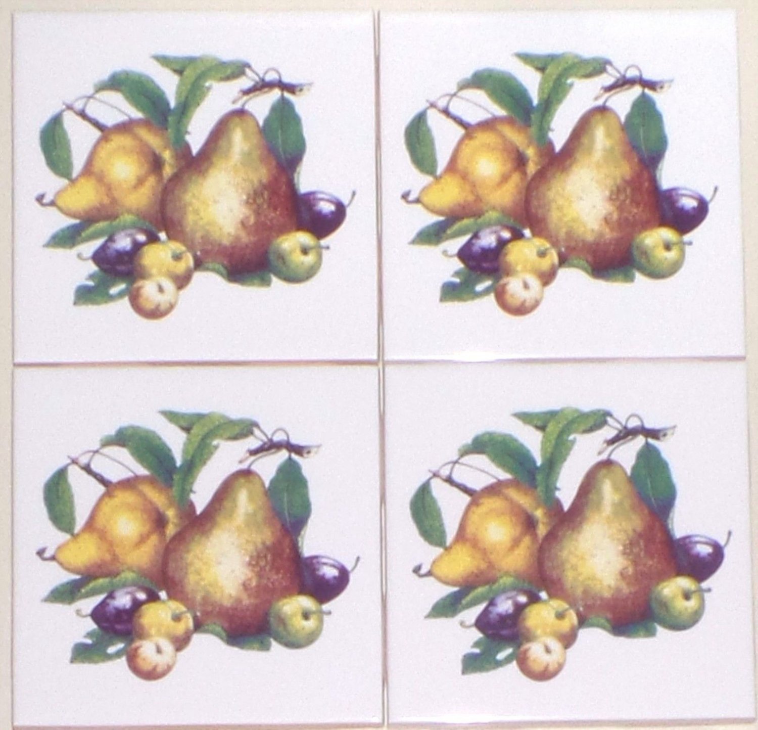 CLOSEOUT Pear Ceramic Tile Accent 4.25" set of 4 Fruit Plums Kiln Fired Decor