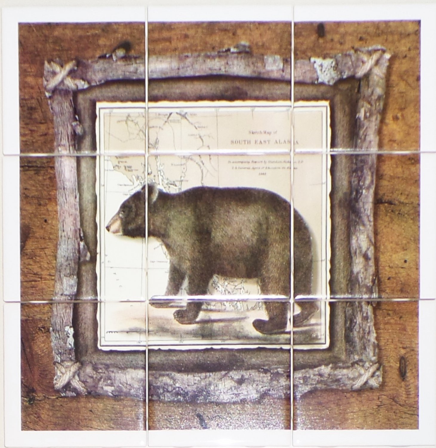Alaskan Bear Ceramic Tile Mural 9pc 4.25" x 4.25" Kiln Fired Back Splash Decor