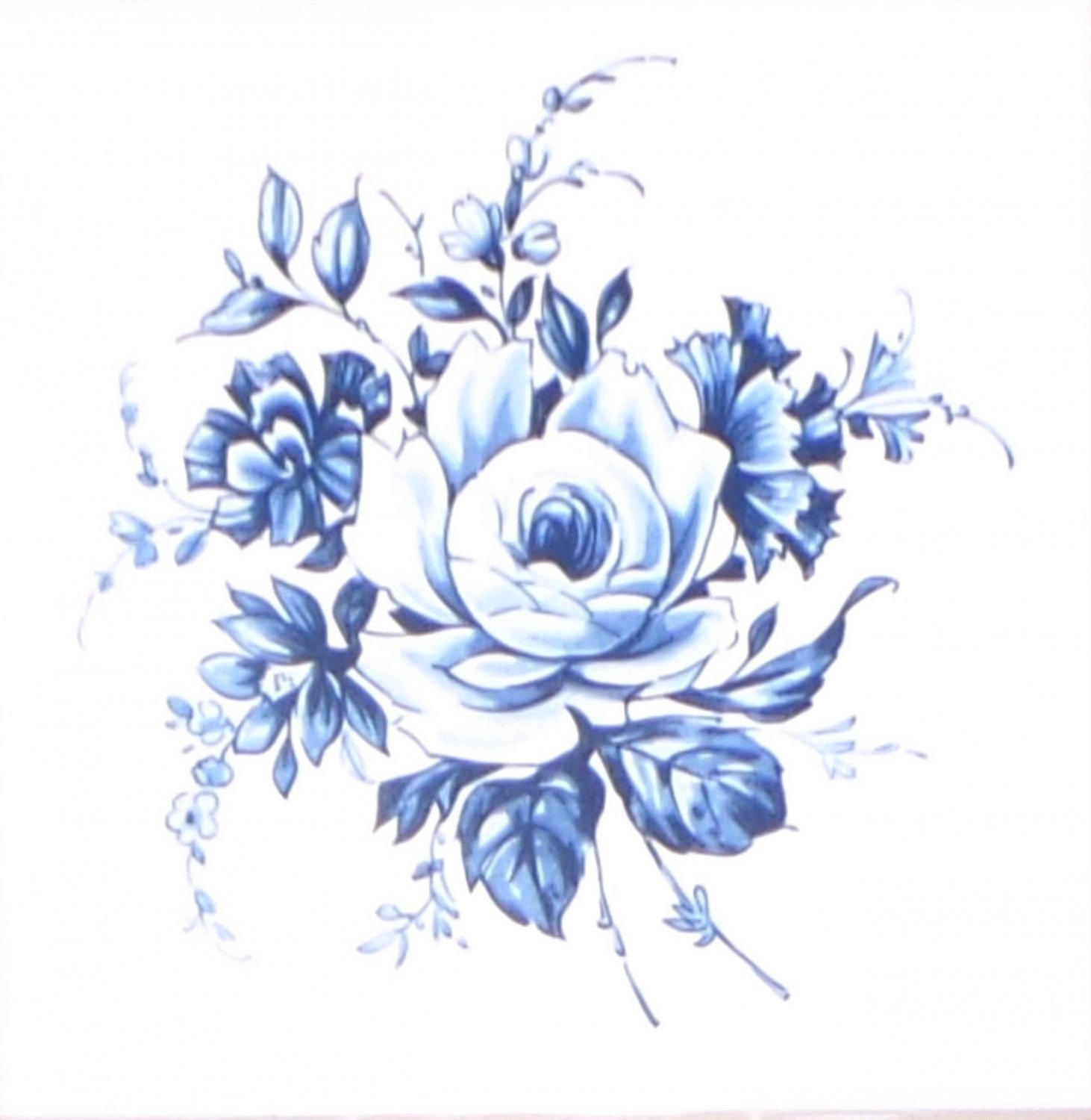 Blue Delft Vintage Rose Ceramic Tile 4.25" Kiln Fired Flower Decor