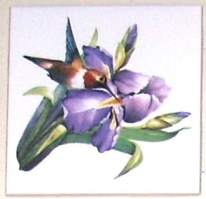 Hummingbird Lavender Iris Flower Bird Ceramic Tile Accent 4.25" Kiln fired Decor