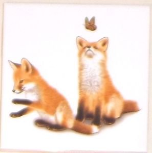 Fox Cubs Ceramic Tile 4.25" Wild Life Collection Kiln Fired Decor Back Splash