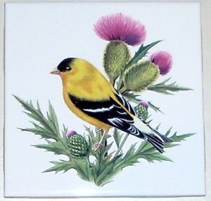 American Goldfinch Ceramic Tile 4.25" Yellow Song Bird Kiln Fired Decor