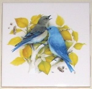 Pretty Blue Birds Bird Yellow Leaves 4.25" Kiln Fired Decor Mottles