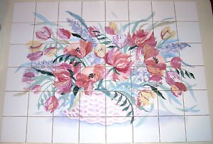 Poppy Flower Basket Ceramic Tile Mural Kiln Fired 48 pc / 4.25" Backsplash