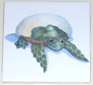 Closeout Sea Turtle 4.25" Kiln Fired Ceramic Tile Green Hatching Egg