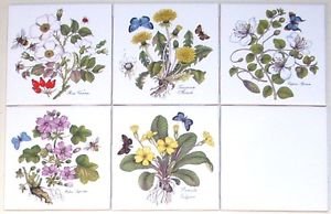 Herb Ceramic Tile Herbs Butterflies Caparis Spinosa 4.25" Kiln Fired set of 5