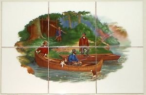 Closeout Currier & Ives Fishing Biscuit Color Ceramic Tile Mural 6pcs 4.25" Kiln Fired