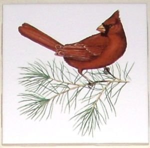 RED CARDINAL BIRD Ceramic Tile 4.25" Kiln Fired Accent WITH PINE BRANCH