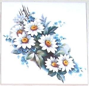 Daisy & Blue Forget Me Not Flower Ceramic Tile 4.25" x 4.25" Kiln fired Decor
