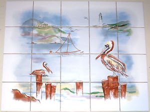 Pelican Ceramic Tile Mural Back Splash Sea Bird Beach 20pcs 4.25" Kiln Fired