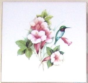 HUMMINGBIRD W PINK TRUMPET Bird Ceramic Tile Accent 4.25" Kiln fired Decor