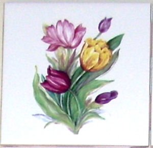 Colorful Tulip Flower Ceramic Tile 4.25" Pink Yellow Tulip Kiln fired BackSplash