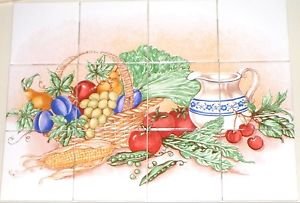 Vegetable w Pitcher & Fruit Kiln Fired Ceramic Tile 12p Mural Back Splash Grapes