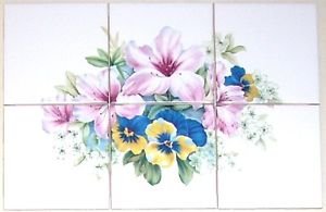 Closeout Pink Lily Ceramic Tile Mural Flower Pansies 6 of 4.25" Kiln Fired Back splash