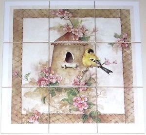 American Goldfinch Bird Canary Ceramic Tile Mural Birdhouse 9/4.25" Backsplash L