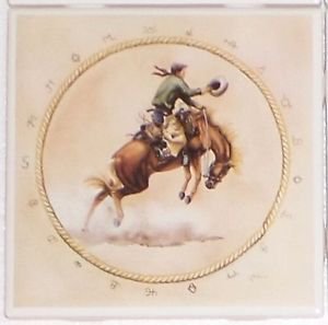 Bronco Rider Ceramic Tile 4.25" Horse Cowboy Kiln Fired Back Splash Accent Decor