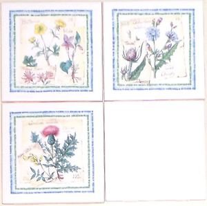 Closeout Herb Ceramic Wall Tile Kiln Fired Back Splash set of 3 / 4.25" Buttercup Thistle