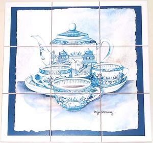 Closeout Delft Blue Tea Set Ceramic Tile 9pc 4.25" x 4.25" Ocean Backsplash Kiln Fired