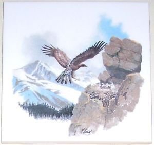Hawk Ceramic Tile Mountain Scenery Kiln Fired Ceramic Tile Decor 4.25"