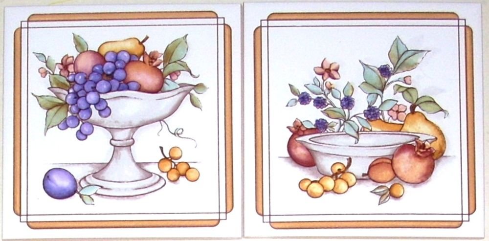 Pretty Fruit Ceramic Tile Accents Grapes 2pcs 6" x 6" Kiln fired to match mural