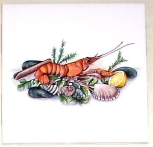 Sea Food Lobster Clam Ceramic Tile Accent 4.25" Kiln fired Decor