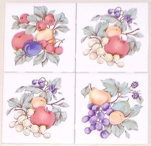 Fruit Ceramic Tile 4.25" Flower Kiln Fired Back Splash Accent Set 4 Apple Grape