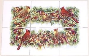 Cardinal Song Bird Ceramic Tile Mural 6pcs 4.25" Kiln Fired Decor