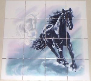 Horse Ceramic Tile Mural 16pcs of 4.25" Kiln Fired Ceramic Tiles Black Mustang